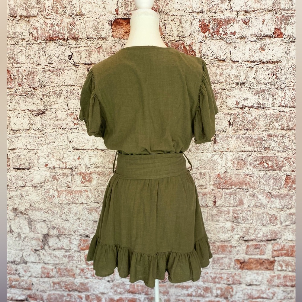 INC Dress- L Mini Olive Green Ruffle Hem Cotton with Waist Tie Boho Cottagecore - Picture 4 of 11
